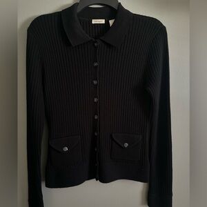 Halogen Wool Blend Womens Button Up Black Ribbed sweater w/pockets Sz Medium